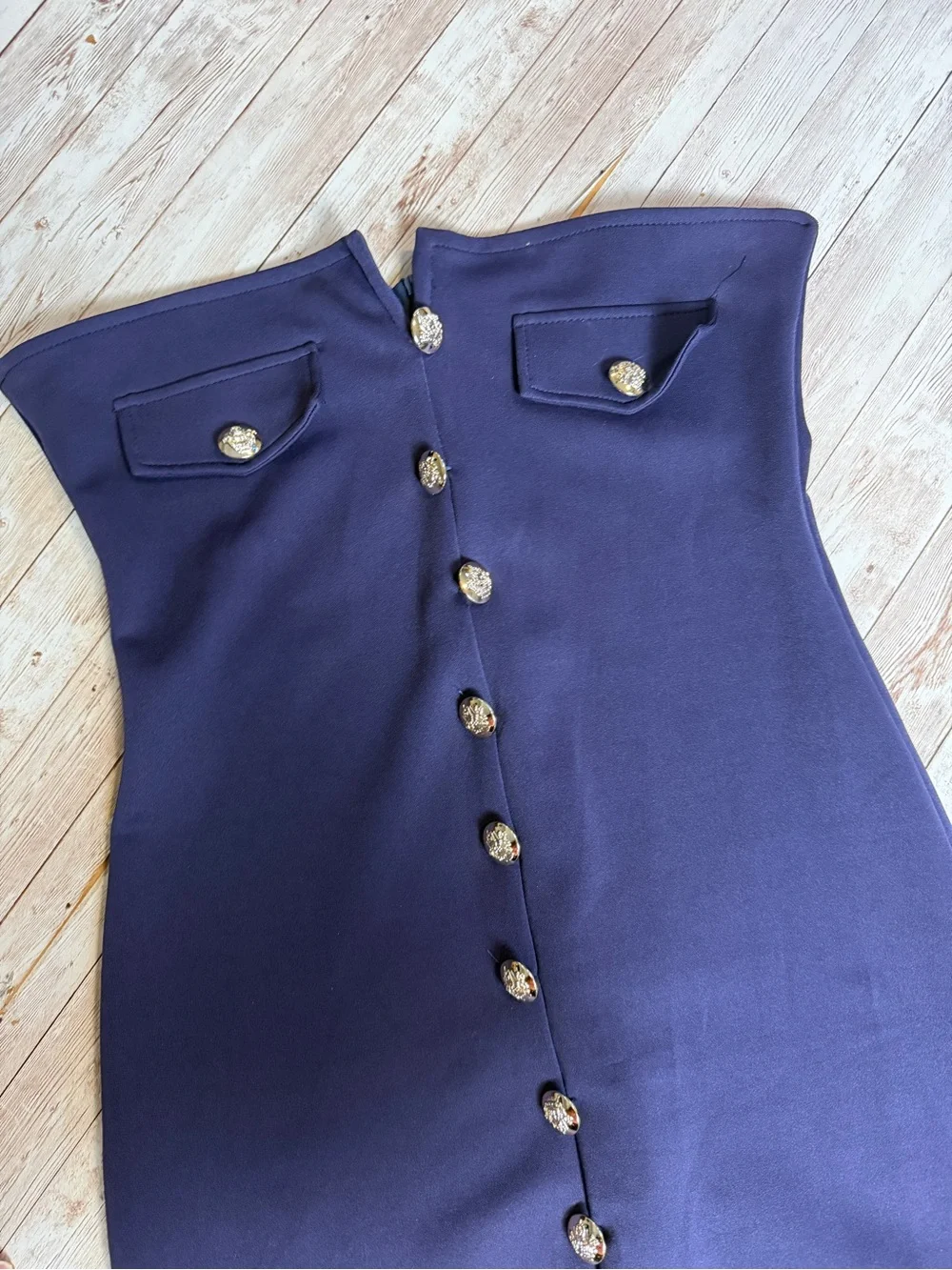 Strapless Navy Button-Front Sheath Dress - Picture 6 of 8
